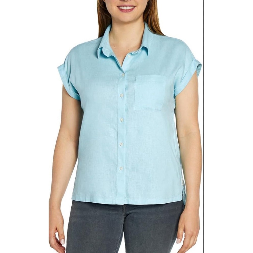 Orvis Women's Button-Up Short Sleeves Linen Blend Shirt, Blue Large NEW